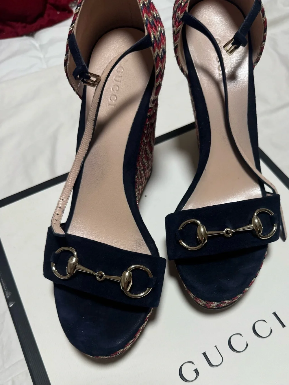 Gucci Navy Suede Horsebit Wedges with Multicolor Woven Sides
